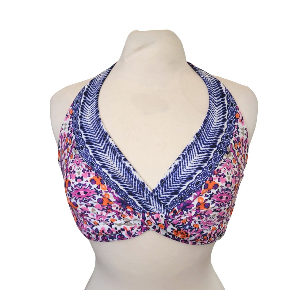 Athleta Blue Red Geometric Floral Halter Bikini Sporty Swimsuit Top 34 D / DD